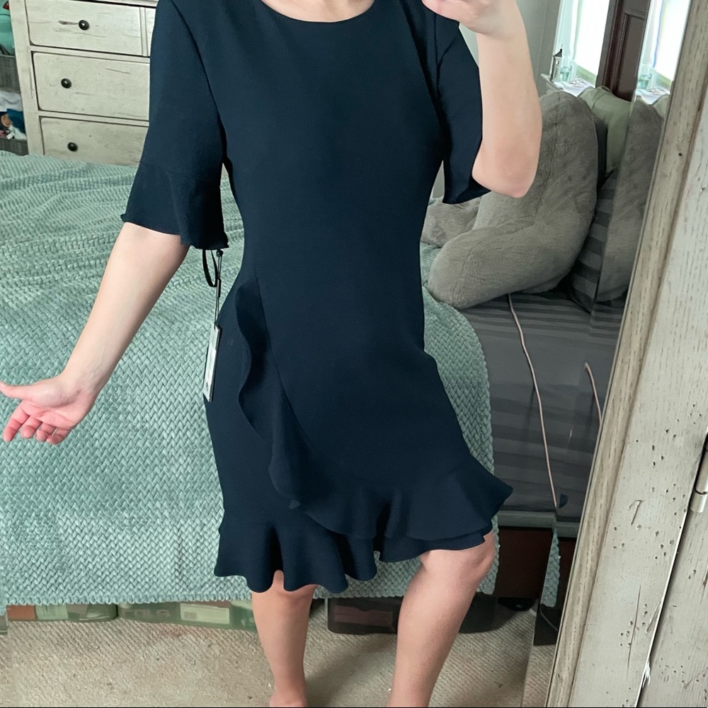 NWT Karl Largerfeld Navy Blue Ruffle Dress - Picture 2 of 13